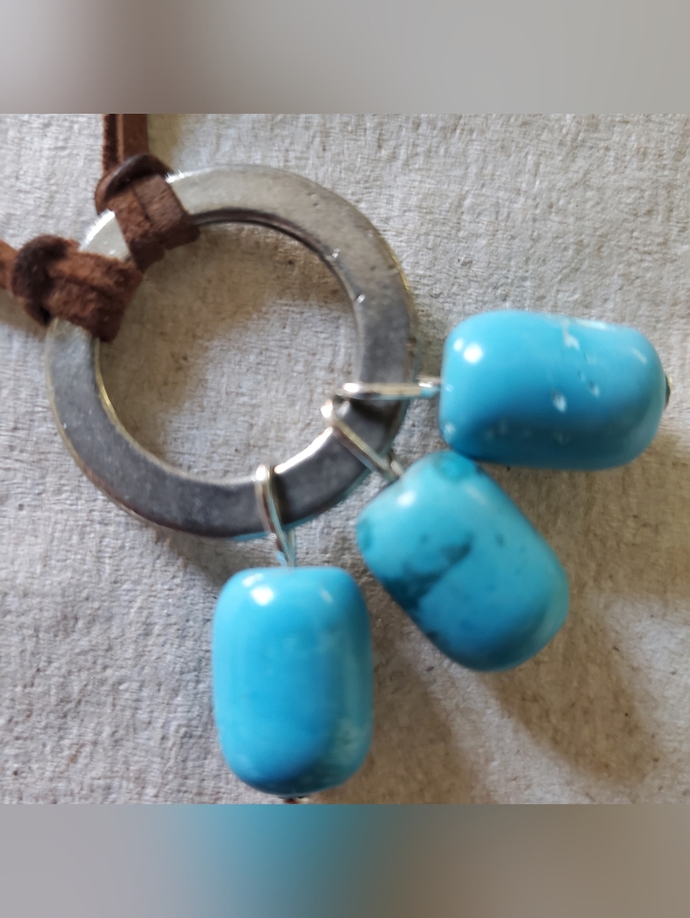 Boho Brown Suede Sterling Silver 925Necklace with Genuine Turquoise Bead Pendant
